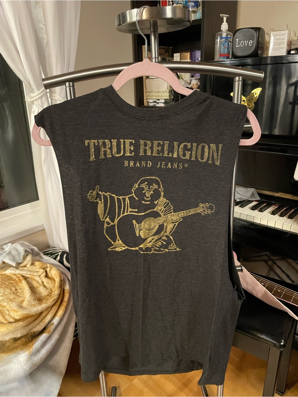True Religion Black Tank with Gold Buddha Graphic
